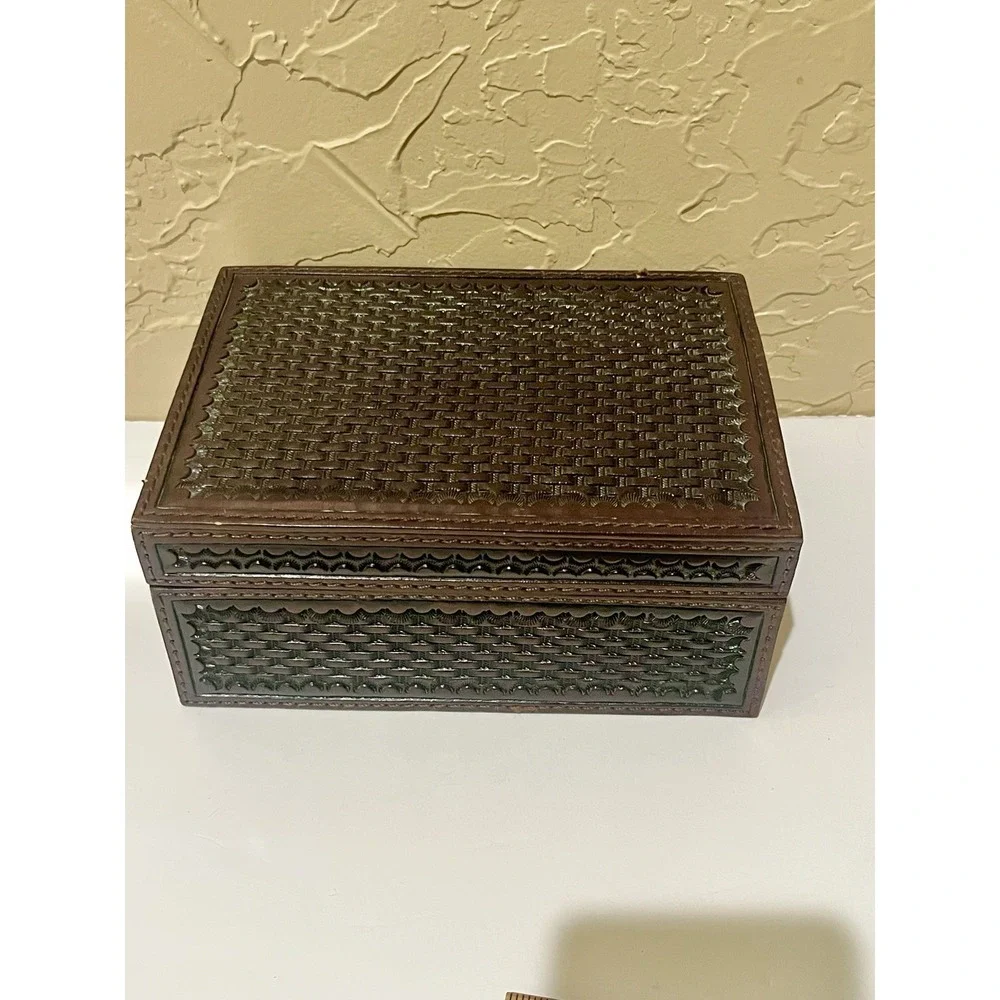 Tooled Leather Basket Weave Trinket Box with Lid Western Office